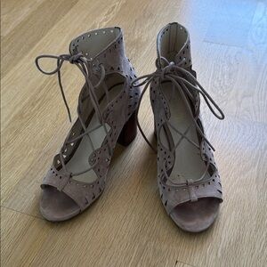 Nine West Taupe Lace-Up Suede Block Heel Sandals